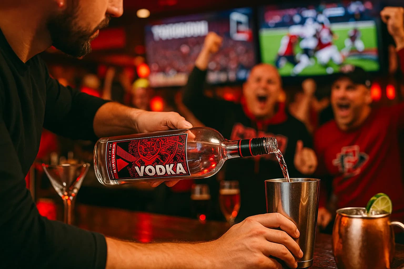 Bartender pouring Aztec Link Vodka into a shaker at a lively bar